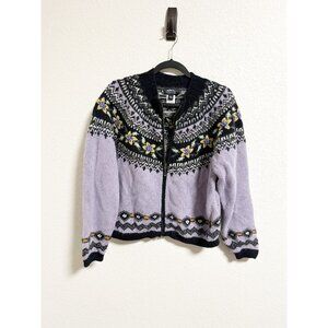 Icelandic Design Vintage Wool Angora Knit Cardigan Zip Up Fair Isle Floral Large